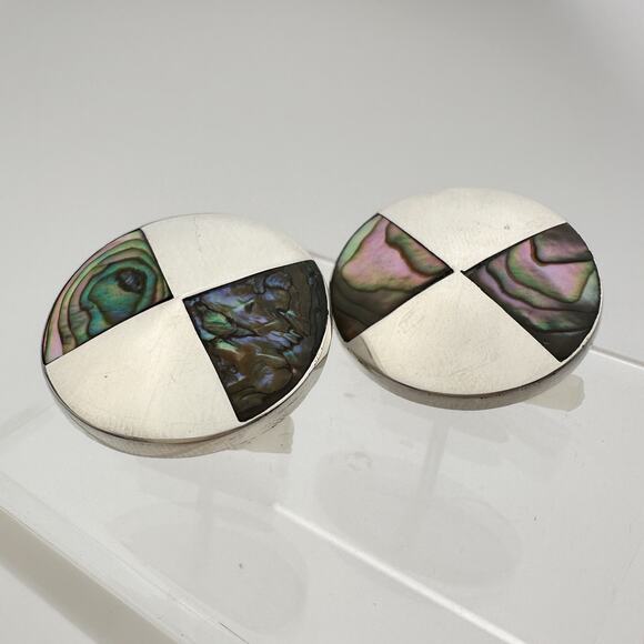 Taxco Sterling Silver Abalone Cufflinks Inlayed Mother of Pearl Round Vintage - Picture 11 of 13